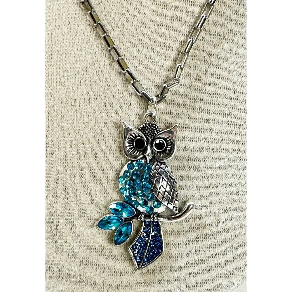 Blue Rhinestone Owl Pendant Necklace Silver Tone 22